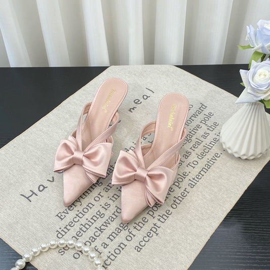 French Style Pointed-Toe Pink Women’s Sandals With Bowknot