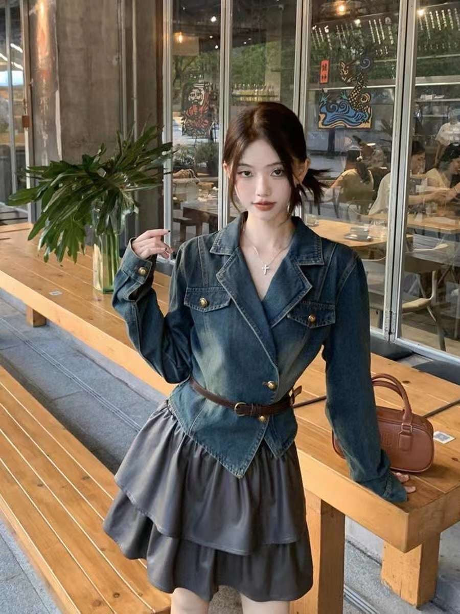 New Autumn Denim Classic style Jacket with Denim Lapel,Coffee brown Midi Skirt 2 piece set