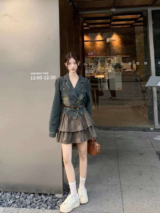 New Autumn Denim Classic style Jacket with Denim Lapel,Coffee brown Midi Skirt 2 piece set