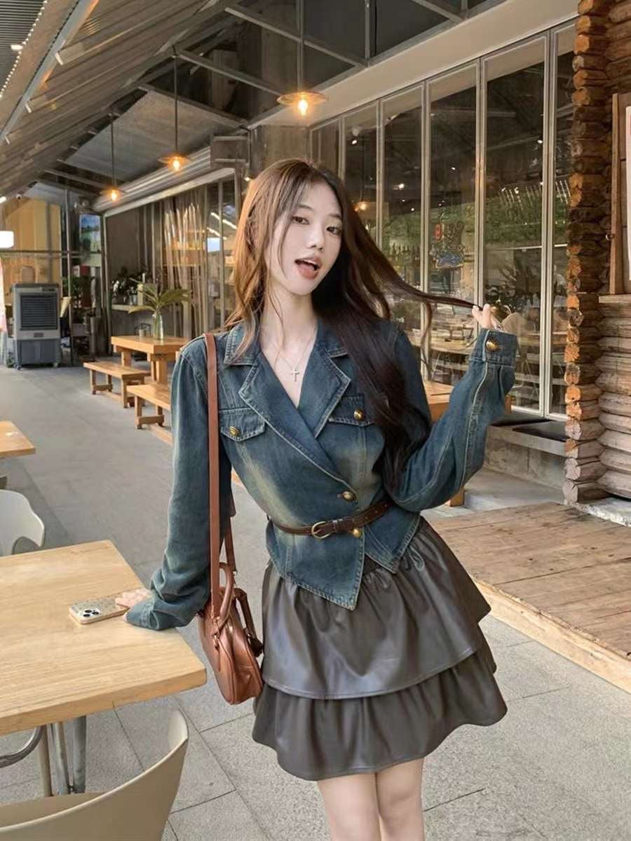 New Autumn Denim Classic style Jacket with Denim Lapel,Coffee brown Midi Skirt 2 piece set