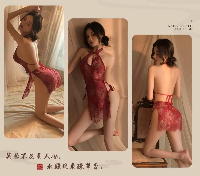 Sexy Cheongsam-Inspired Sleepwear: High-Slit, Backless, Lace-Up, Classical Homewear with Hollowed-Out Design and Straps