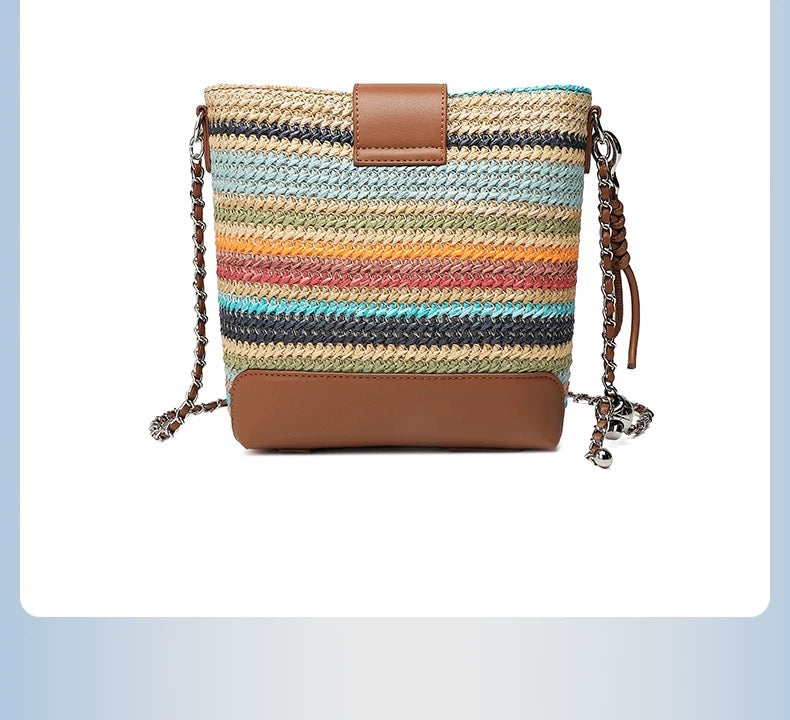 Printed Paneling Bag，Straw Weaving Bucket Shape Handheld bag