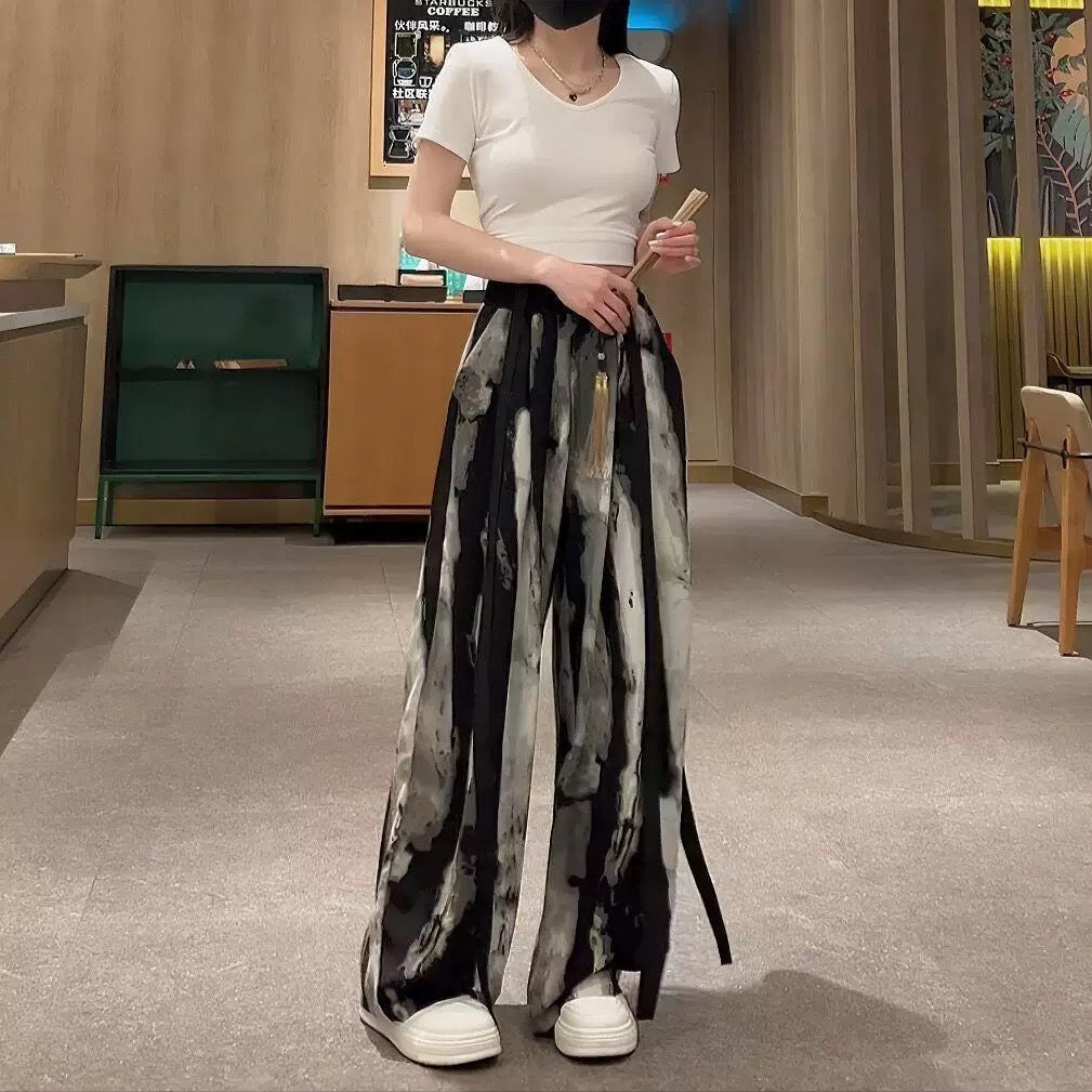 New Chinese-style loose wide-leg ice silk pants, lightweight casual Pants