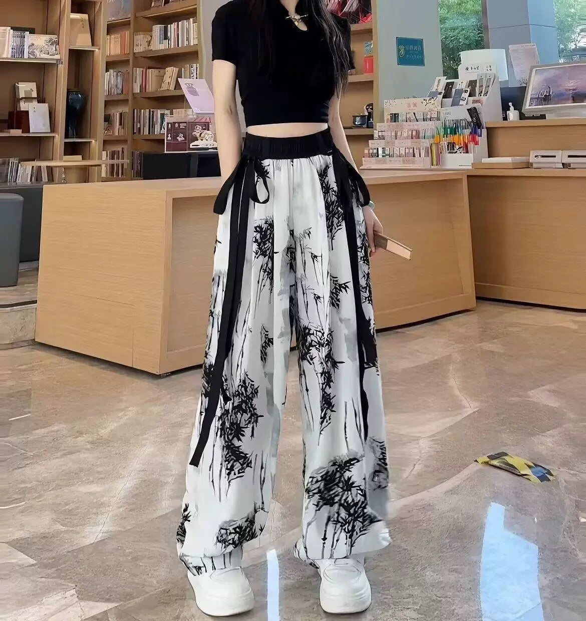 New Chinese-style loose wide-leg ice silk pants, lightweight casual Pants