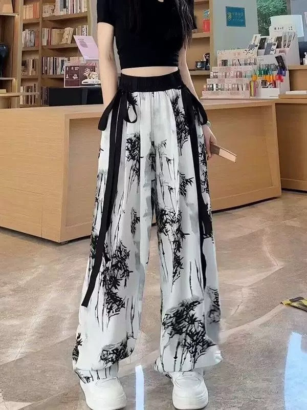 New Chinese-style loose wide-leg ice silk pants, lightweight casual Pants