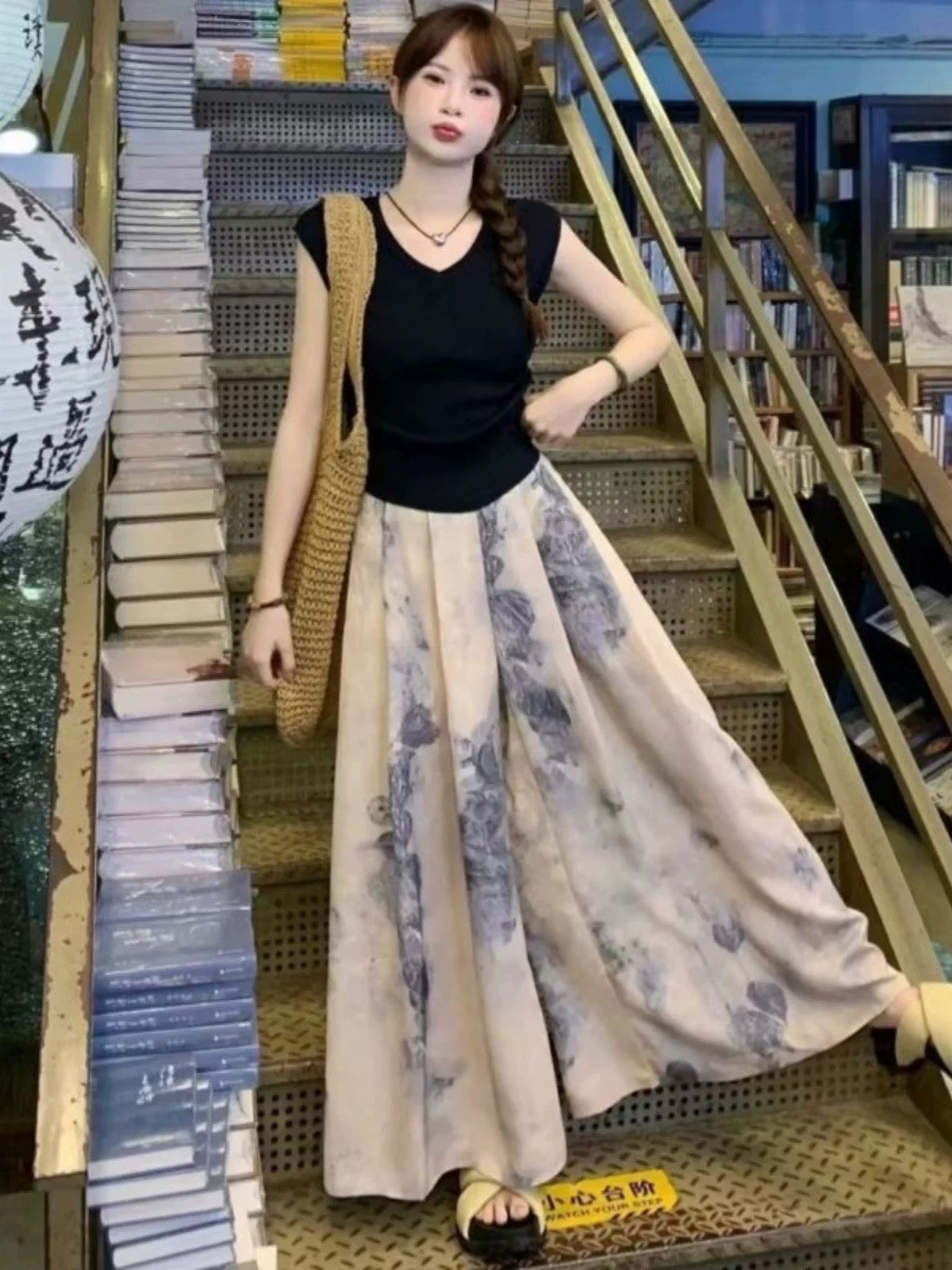 Chinese Style tie-dye, high-waisted wide-leg skirt pants