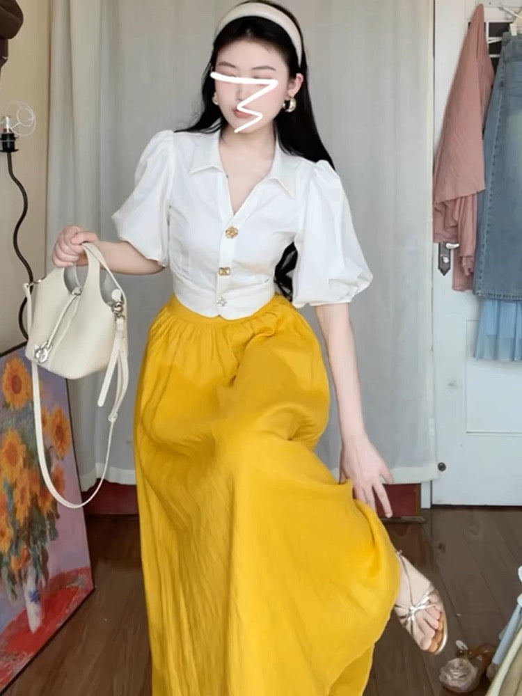 Puff sleeves Shirt With Half skirt Set Slimming Fit