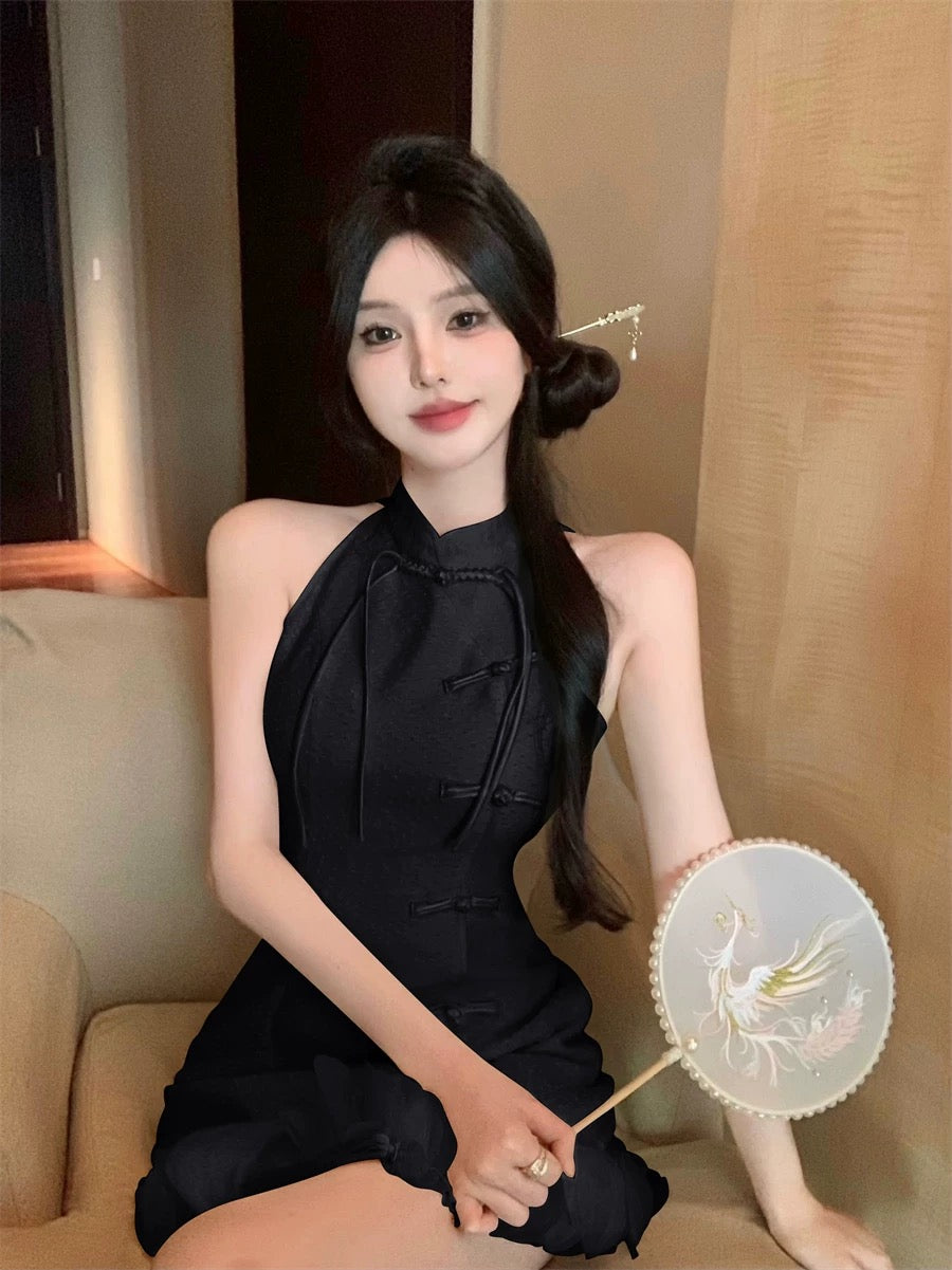 Button Placket Qipao Dress, Sleeveless Dress