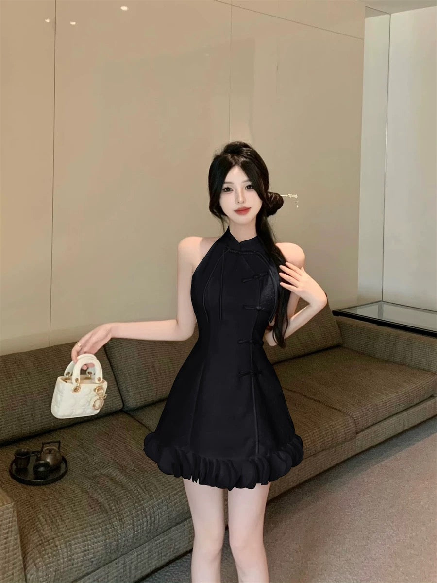 Button Placket Qipao Dress, Sleeveless Dress