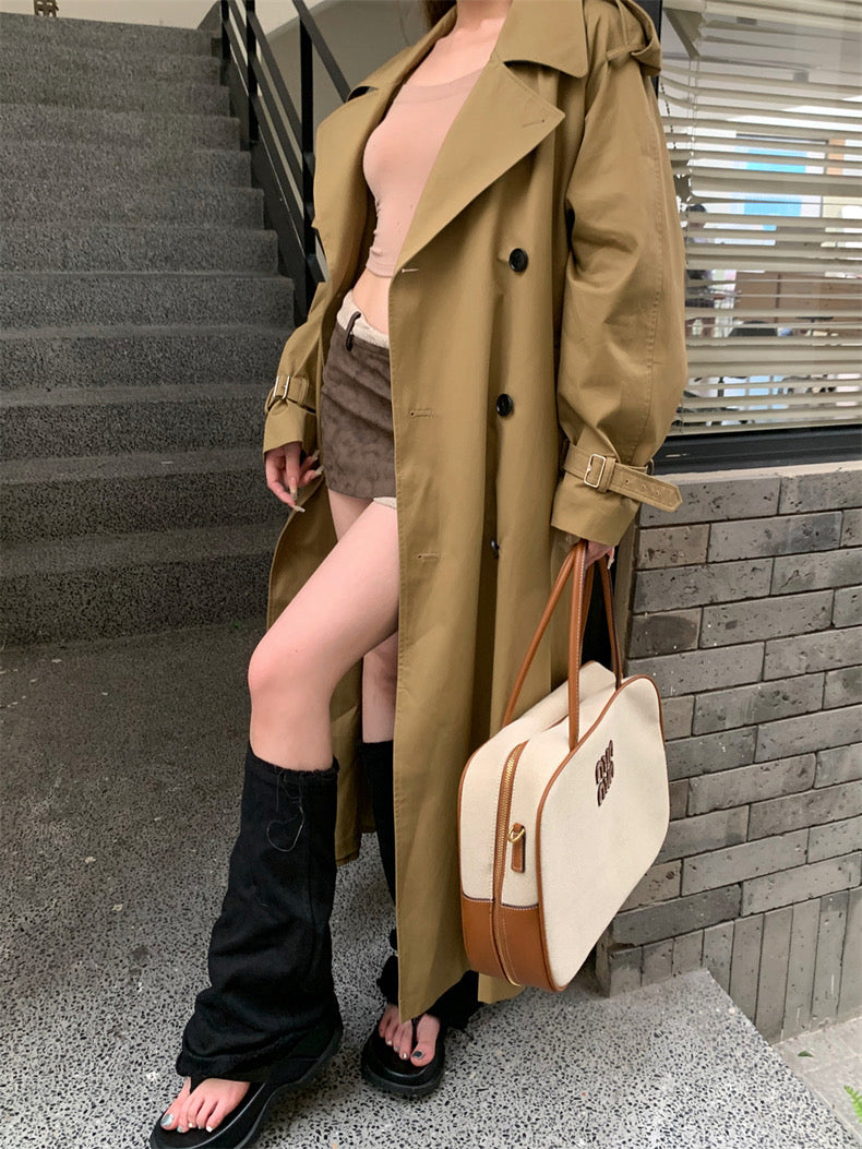 Khaki Trench Coat，Long Utility Coat